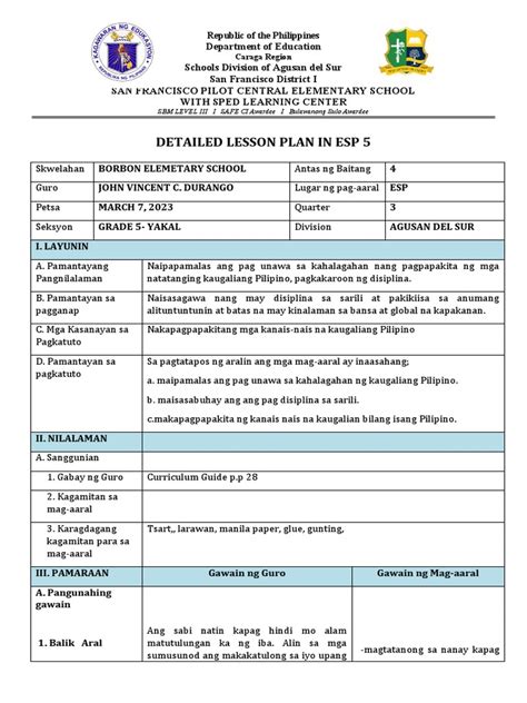 These daily lesson log were made in compliance with the Department of Education format. . Detailed lesson plan in esp grade 2 2nd quarter